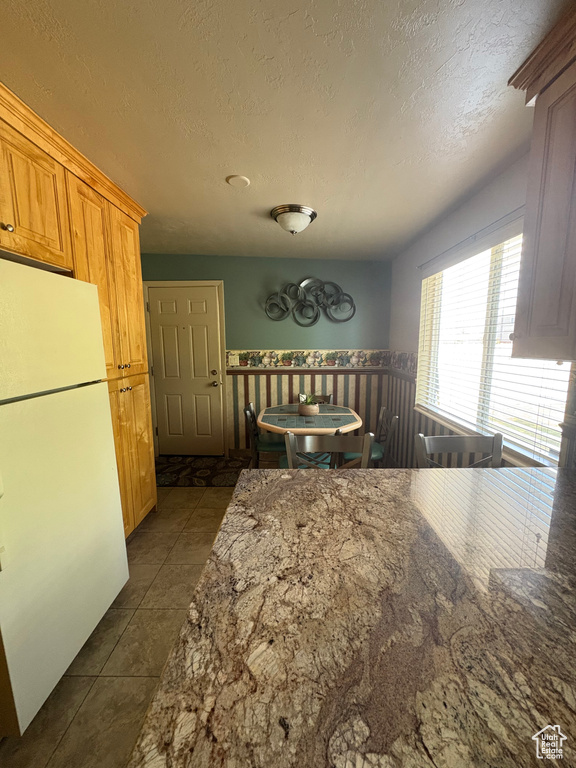 Kitchen with freestanding refrigerator, a textured ceiling, dark tile patterned flooring, stone counters, and a wainscoted wall
