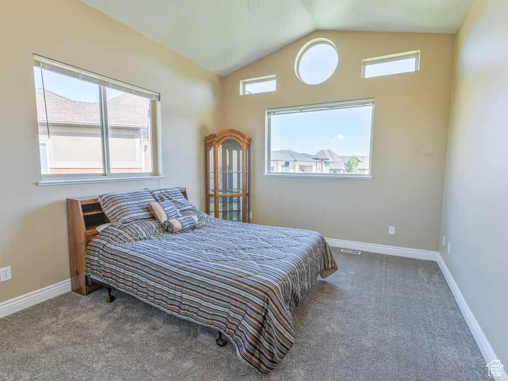 Bedroom with lofted ceiling, carpet flooring, and baseboards