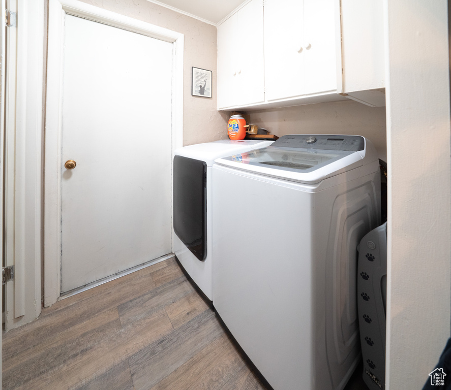 Laundry area with independent washer and dryer, light wood-type flooring, and cabinet space