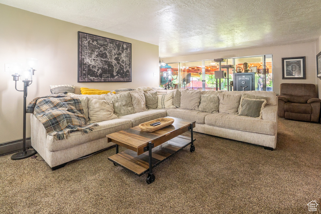 Living area featuring carpet and a textured ceiling