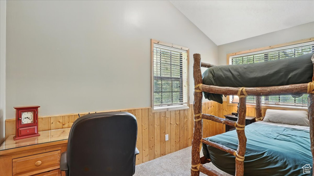 Bedroom featuring multiple windows, carpet, wainscoting, wooden walls, and vaulted ceiling