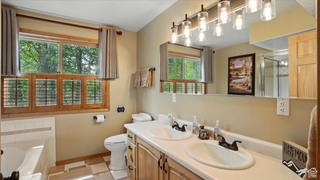Full bath featuring healthy amount of natural light, a garden tub, a shower stall, and double vanity