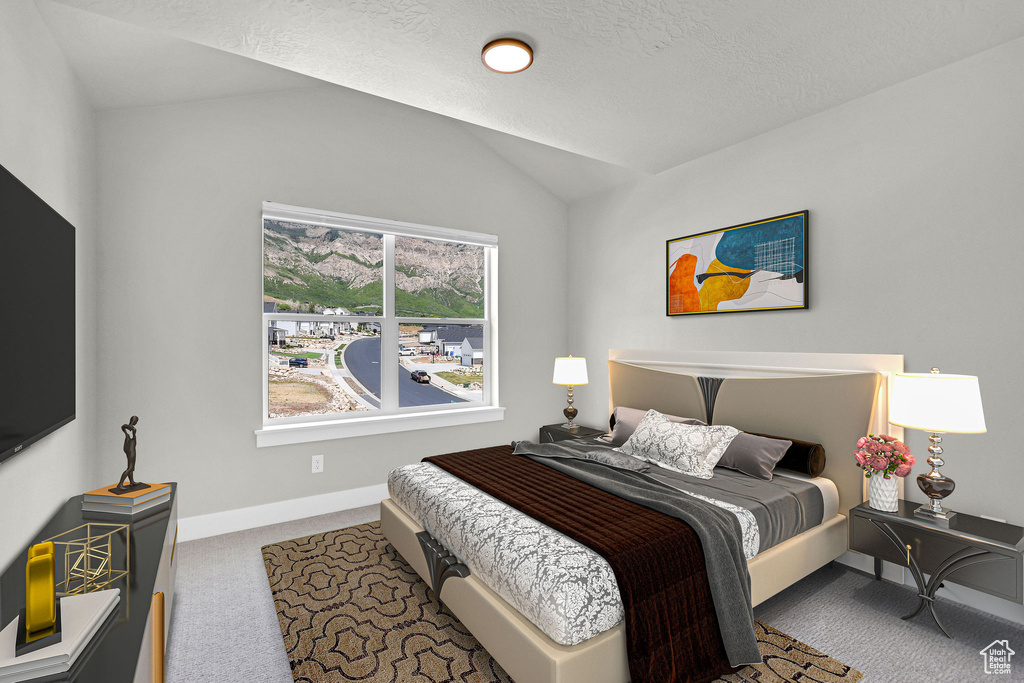 Carpeted bedroom with lofted ceiling, baseboards, and a textured ceiling
