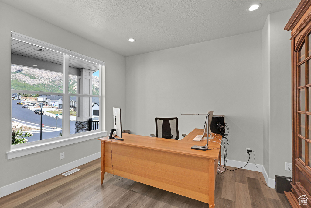Home office featuring baseboards, wood finished floors, recessed lighting, and a textured ceiling
