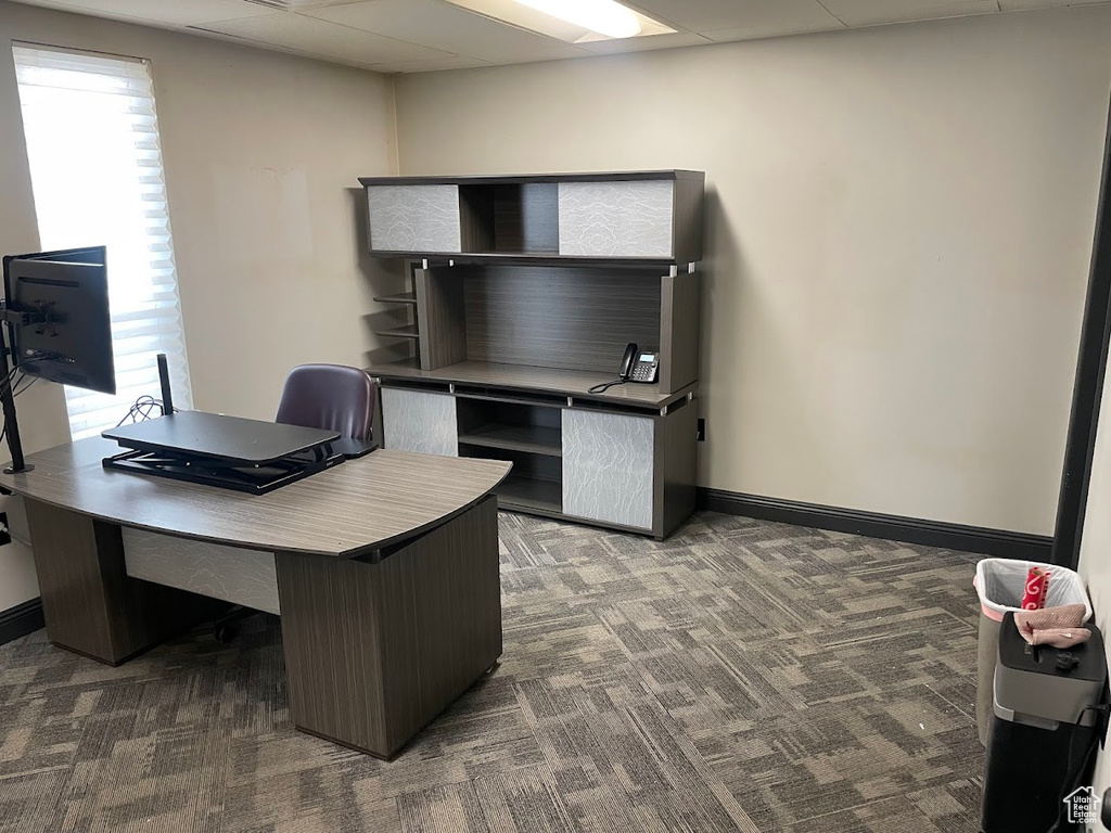 Carpeted office with a drop ceiling and baseboards