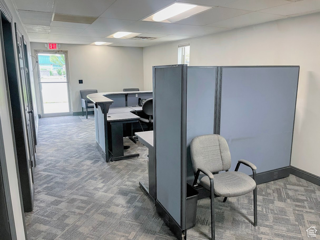 Office area with carpet flooring, a paneled ceiling, and baseboards