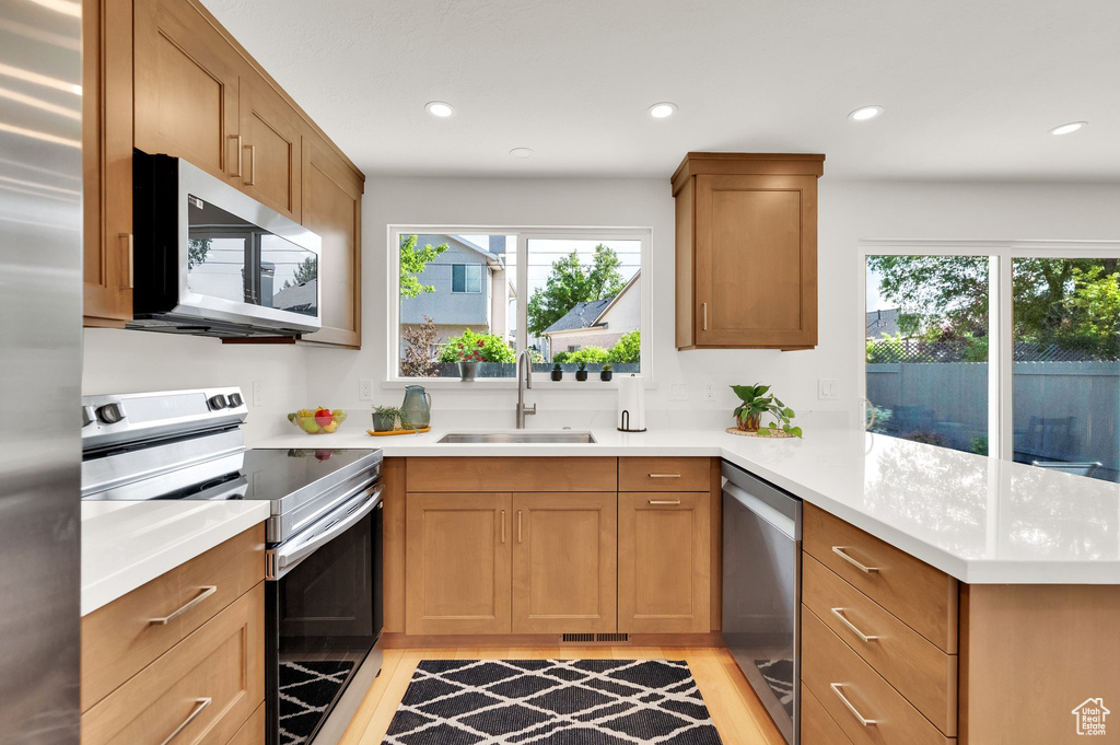 Kitchen with stainless steel appliances, a sink, a peninsula, healthy amount of natural light, and recessed lighting