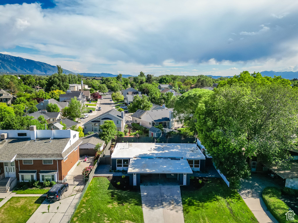 Aerial view of residential area with mountains
