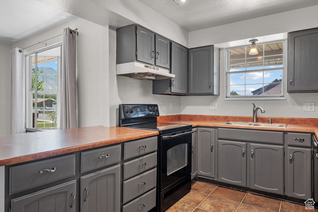 Kitchen with black electric range, under cabinet range hood, a sink, and gray cabinetry