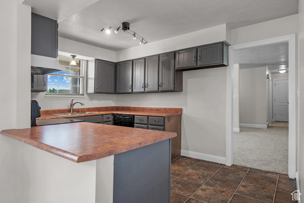 Kitchen featuring a peninsula, black dishwasher, baseboards, a sink, and gray cabinets