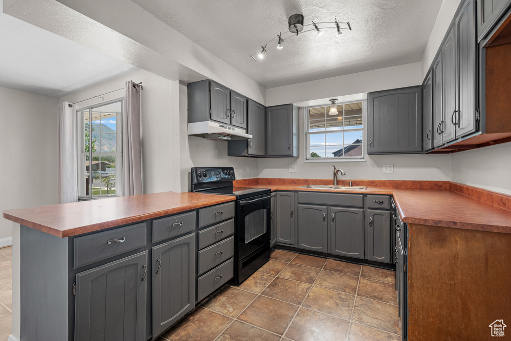 Kitchen featuring black electric range, a sink, under cabinet range hood, a peninsula, and healthy amount of natural light