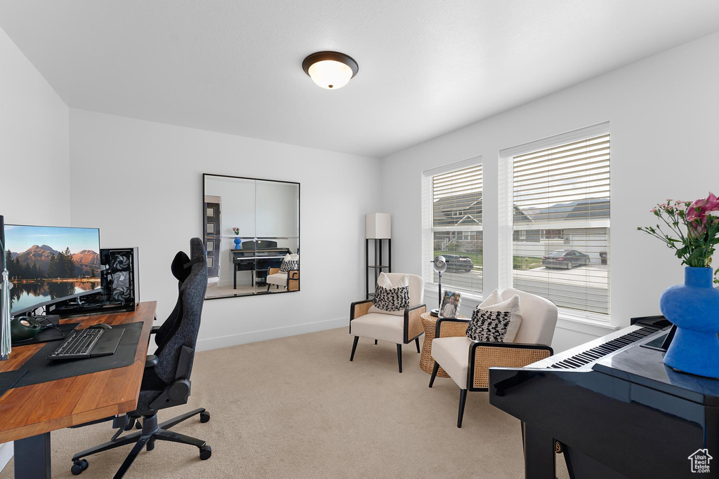 Office with light colored carpet and baseboards