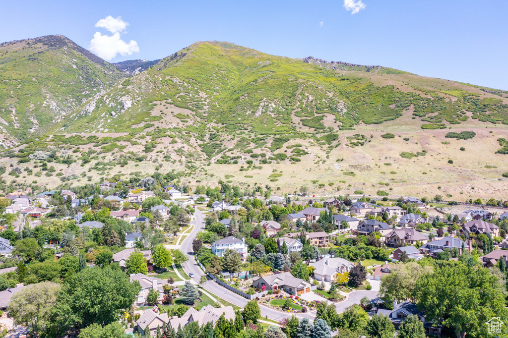 Aerial overview of property's location featuring mountains
