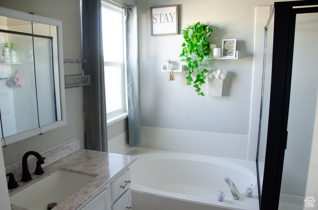 Full bathroom featuring healthy amount of natural light, a bath, and vanity