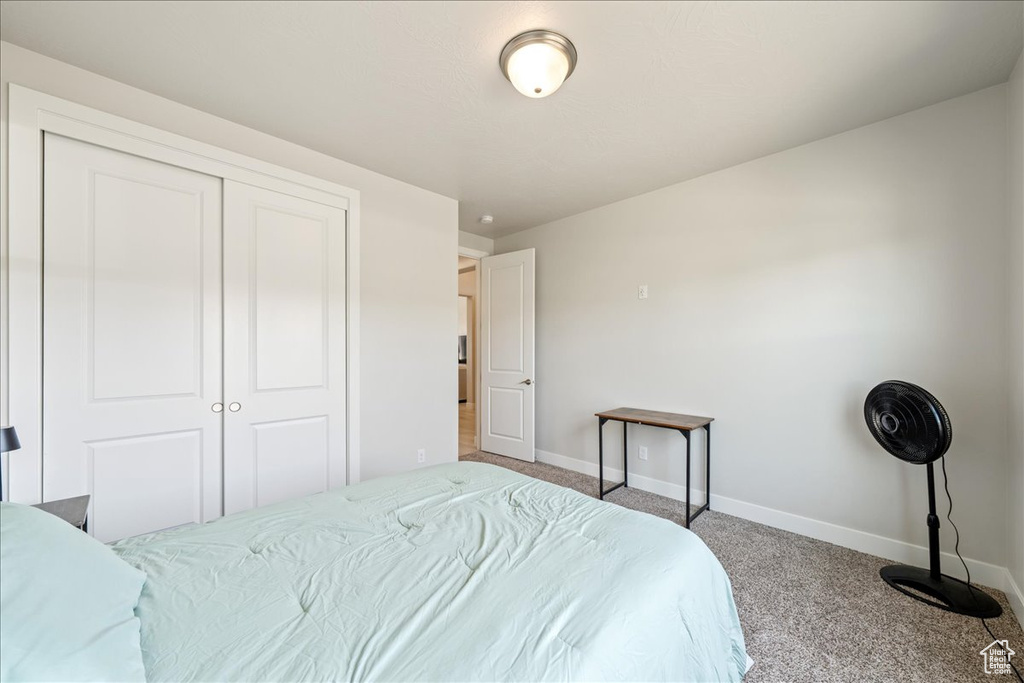 Carpeted bedroom featuring baseboards and a closet
