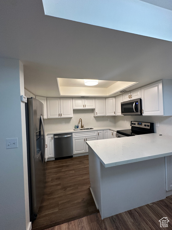Kitchen with stainless steel appliances, a sink, a peninsula, white cabinets, and a raised ceiling