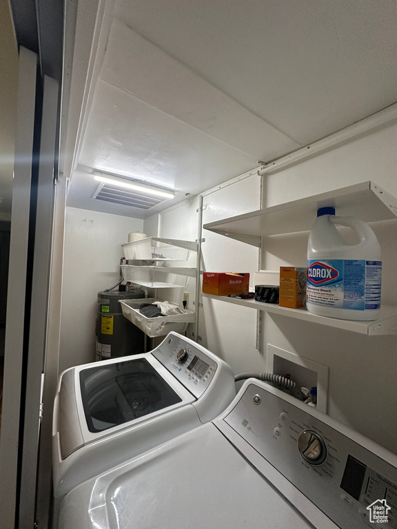 Laundry room featuring washer and dryer and electric water heater
