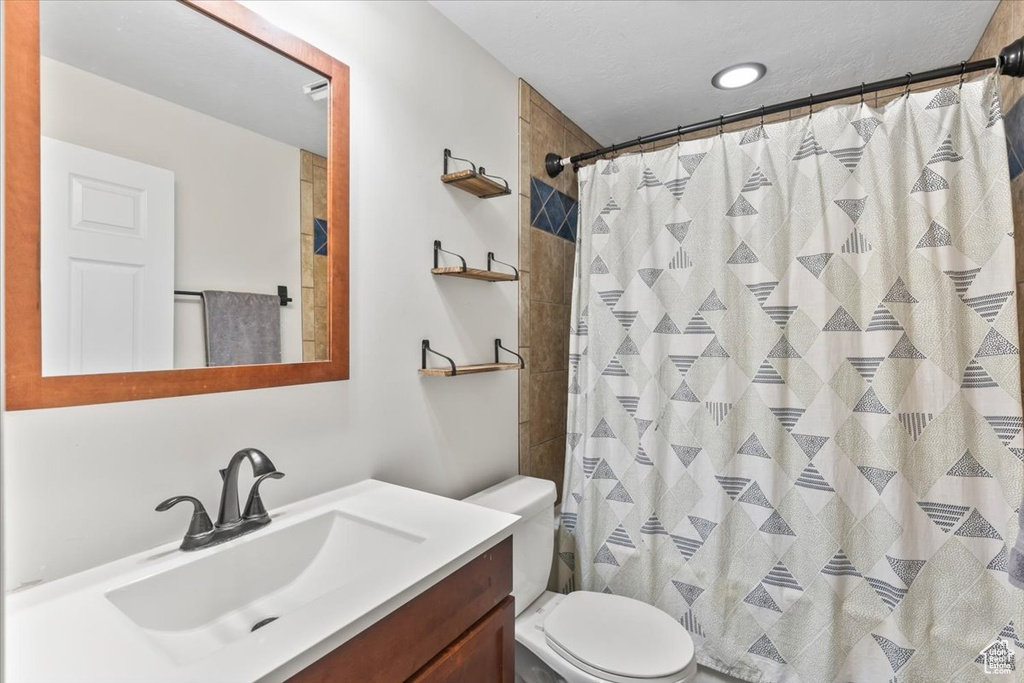 Full bathroom with toilet, vanity, and a shower with shower curtain