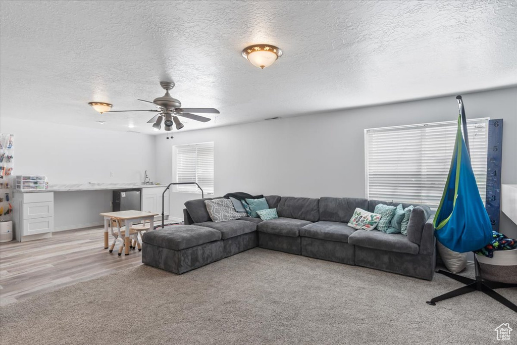 Living room featuring carpet floors, a textured ceiling, and a ceiling fan