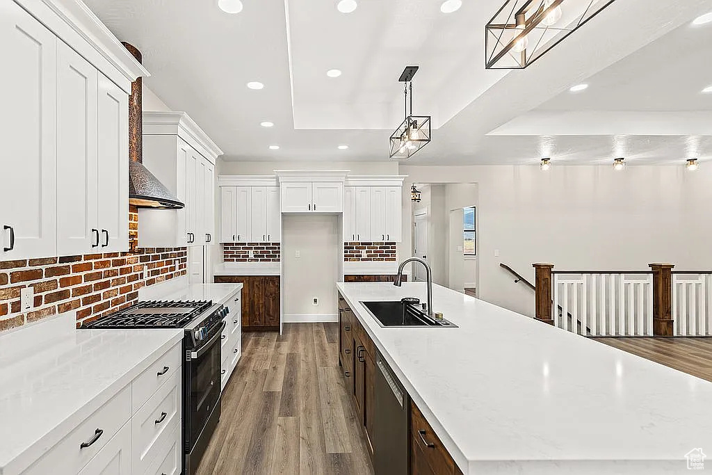 Kitchen with black range with gas cooktop, a sink, dishwasher, a tray ceiling, and recessed lighting