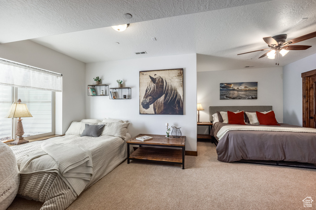 Carpeted bedroom with a ceiling fan