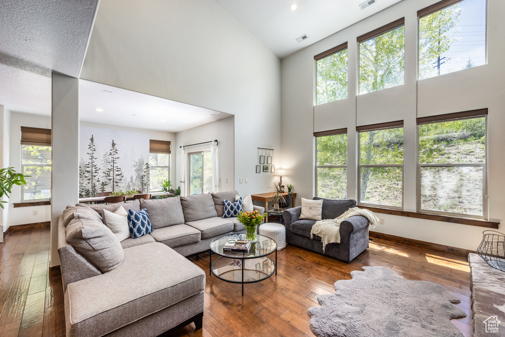Living room featuring high vaulted ceiling, plenty of natural light, hardwood / wood-style floors, baseboards, and recessed lighting
