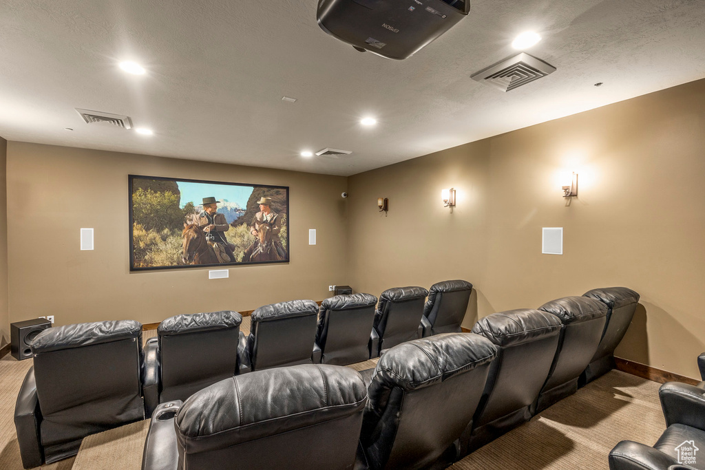 Home theater with carpet flooring, recessed lighting, and baseboards