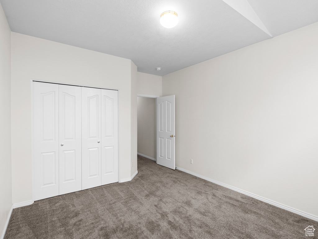 Unfurnished bedroom featuring carpet floors, a closet, and baseboards