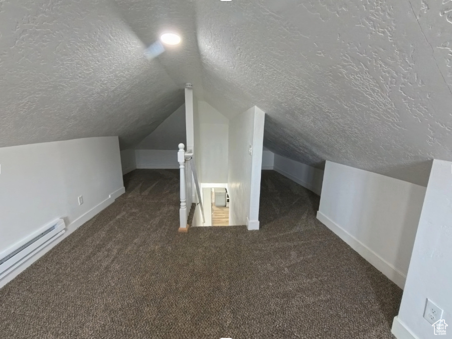 Bonus room featuring a textured ceiling, a baseboard radiator, carpet, baseboards, and vaulted ceiling