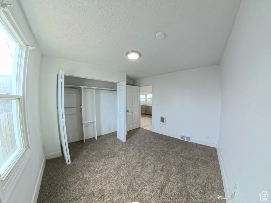Unfurnished bedroom with multiple windows, carpet, a closet, baseboards, and a textured ceiling