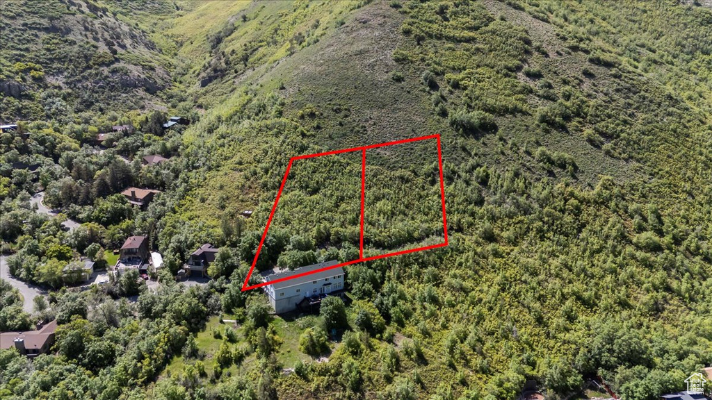 Aerial view of property and surrounding area with property boundaries highlighted and a forest