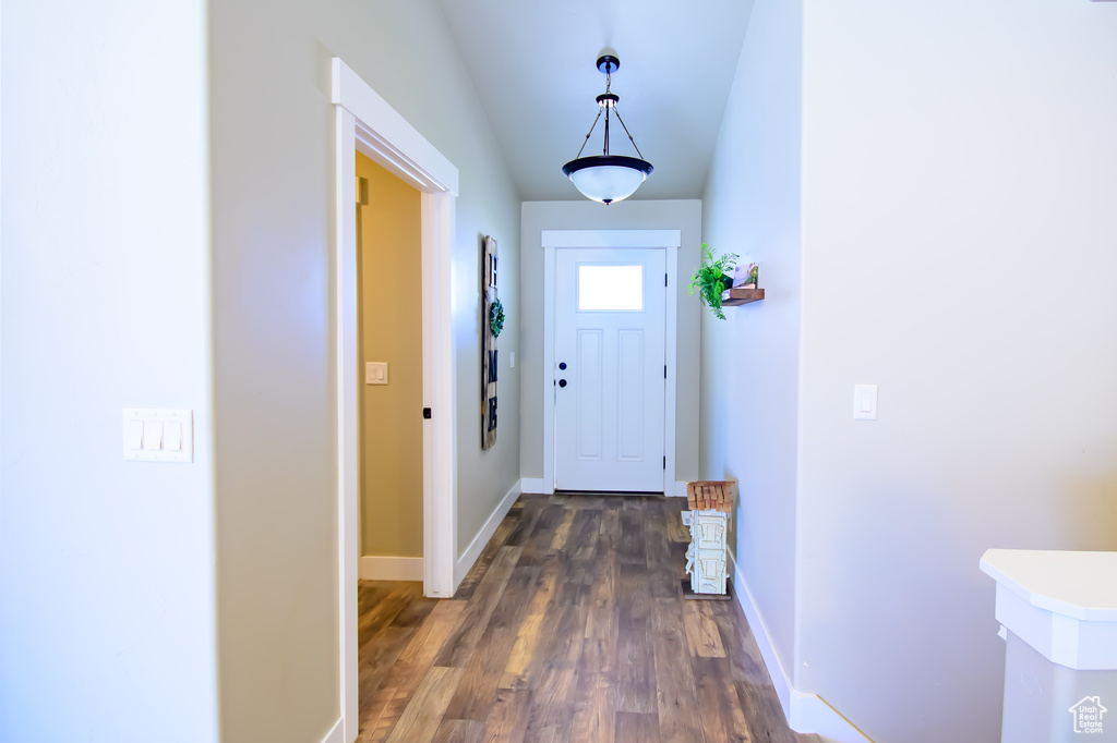 Doorway to outside with dark wood finished floors and baseboards