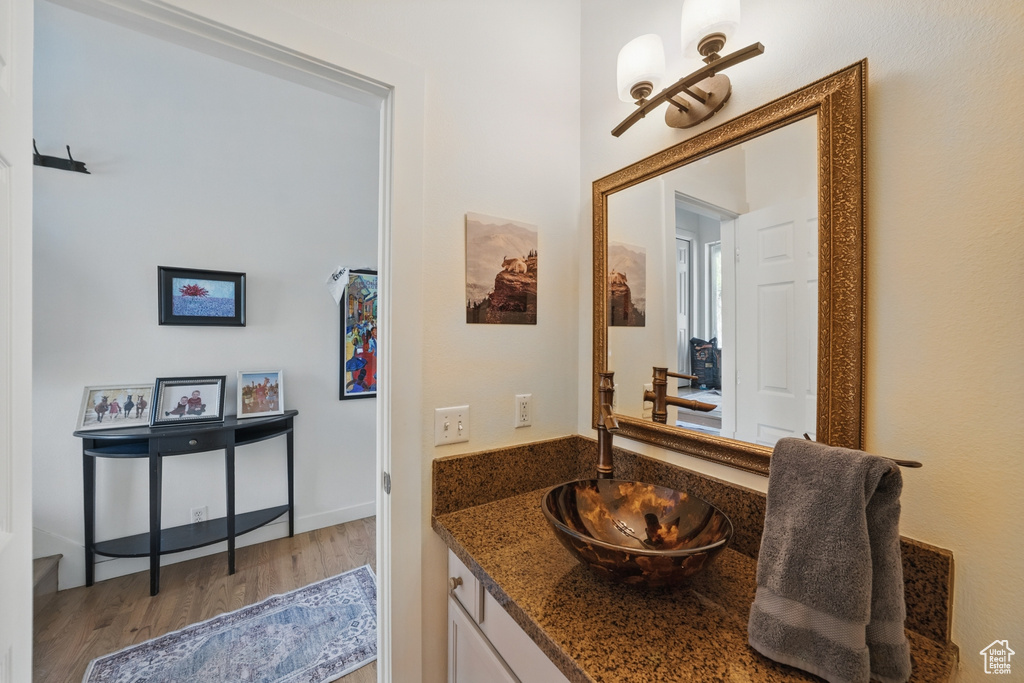 Bathroom with wood finished floors and vanity