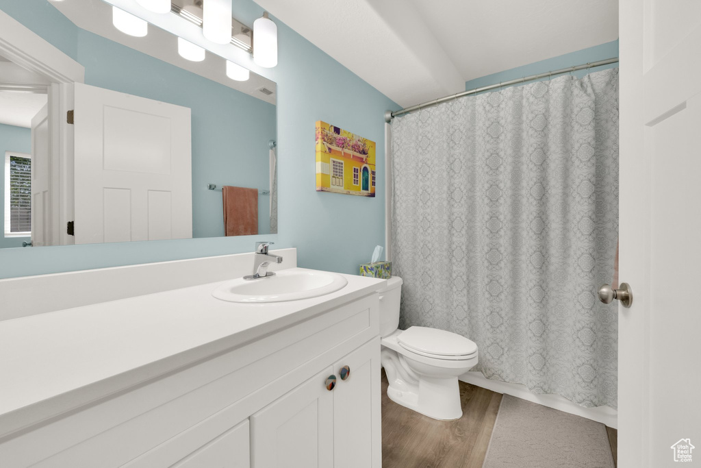 Bathroom featuring vanity, toilet, wood finished floors, and a shower with shower curtain