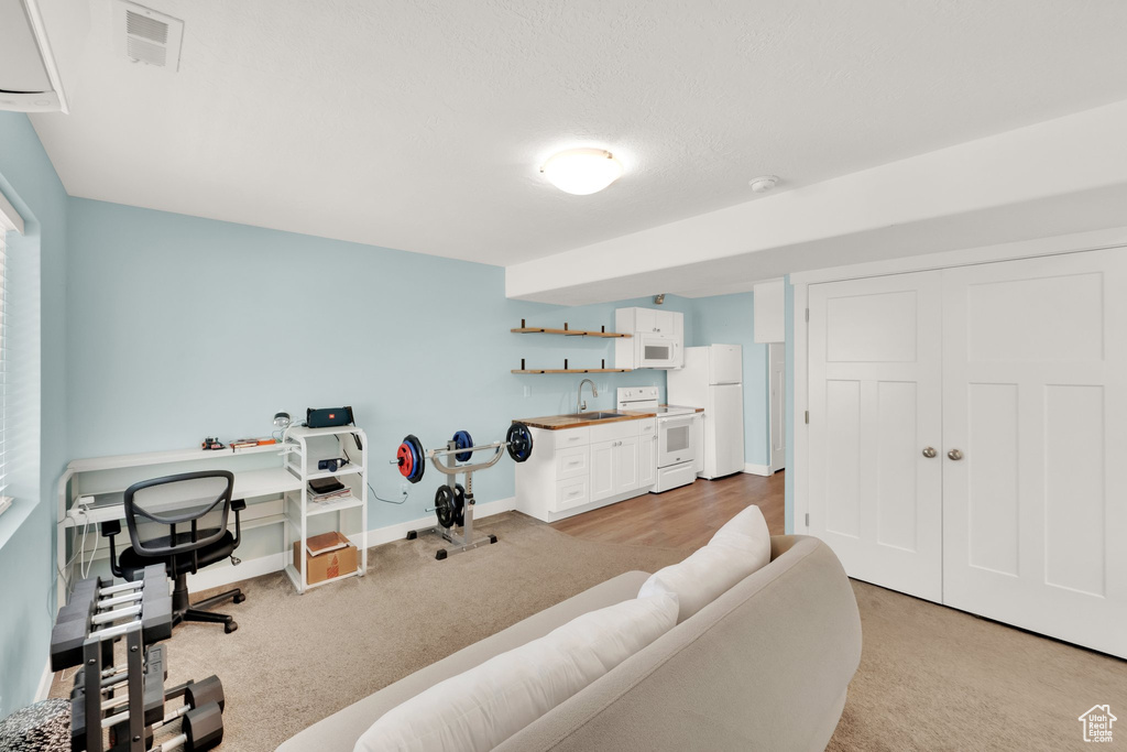 Office space featuring light carpet, bar with sink, and baseboards