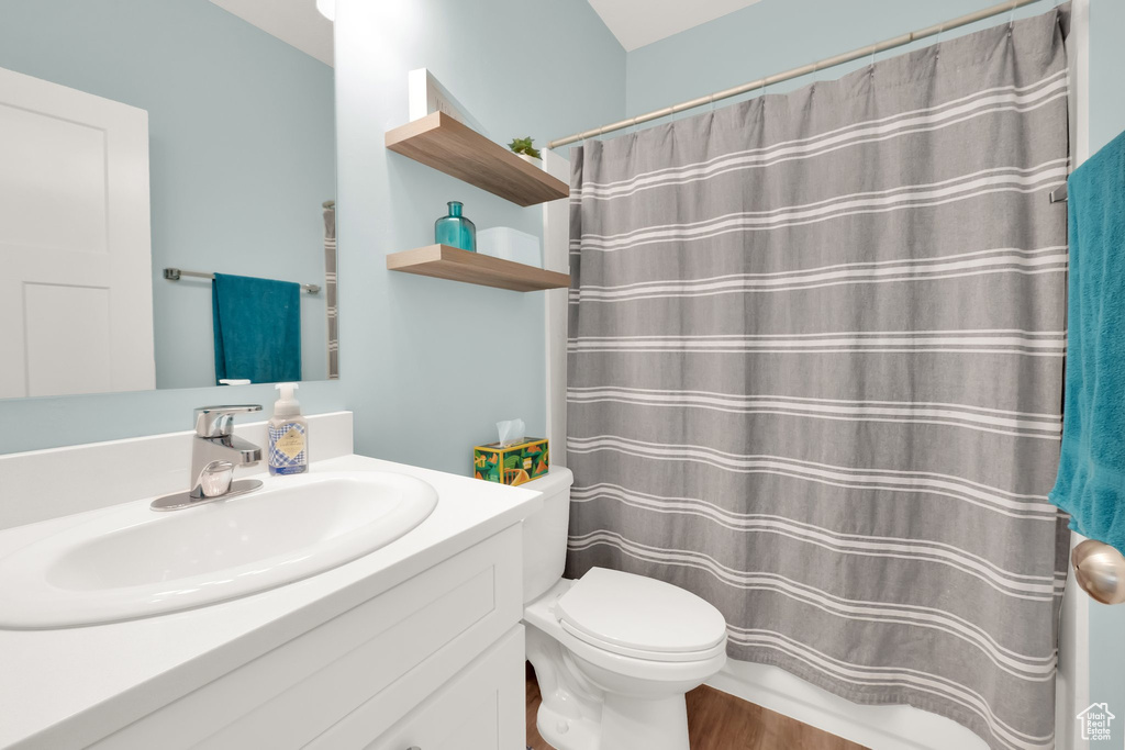 Full bath featuring vanity, toilet, wood finished floors, and a shower with curtain