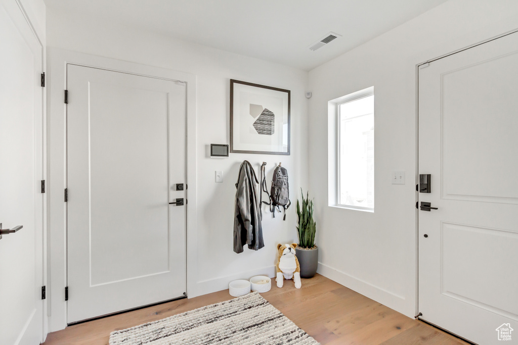 Foyer entrance with light wood finished floors and baseboards