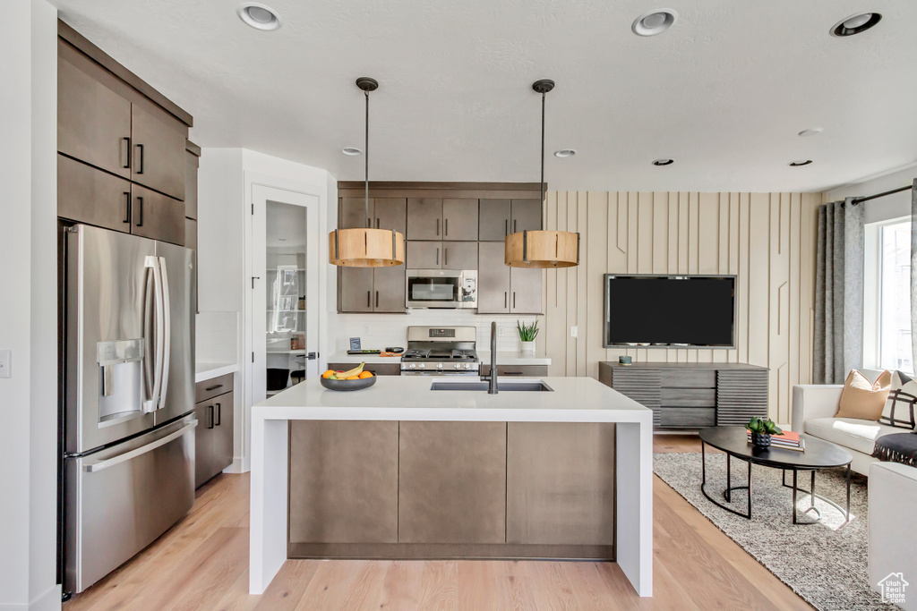 Kitchen with appliances with stainless steel finishes, a sink, light countertops, light wood-type flooring, and recessed lighting
