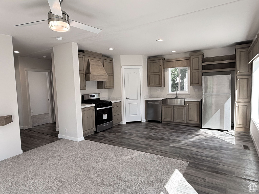 Kitchen featuring appliances with stainless steel finishes, custom exhaust hood, a sink, a ceiling fan, and light countertops