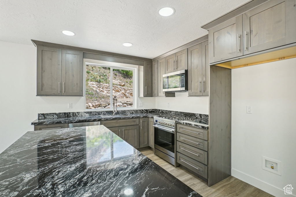 Kitchen with stainless steel appliances, a sink, dark stone counters, recessed lighting, and light wood-style flooring