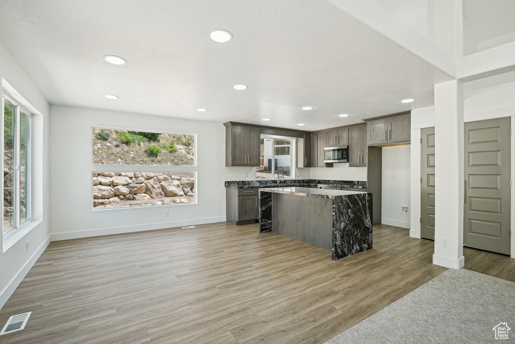 Kitchen featuring stainless steel microwave, recessed lighting, healthy amount of natural light, a kitchen island, and light wood finished floors