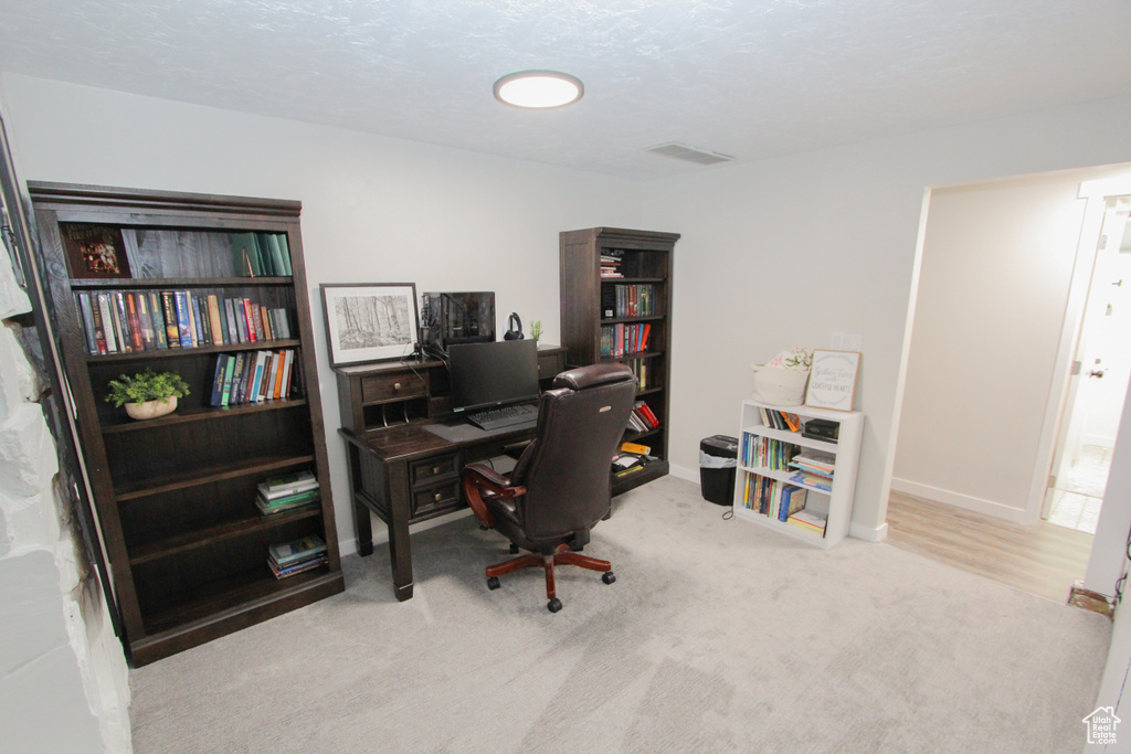 Carpeted home office with baseboards