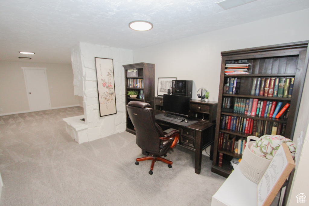 View of carpeted home office