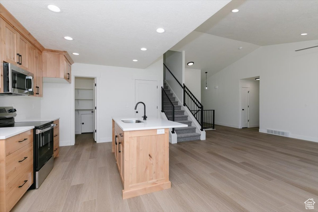 Kitchen with stainless steel appliances, light wood finished floors, light brown cabinets, a sink, and a center island with sink