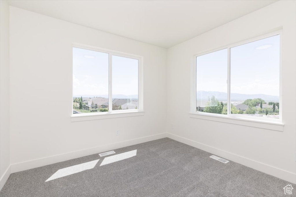 Unfurnished room featuring plenty of natural light, carpet flooring, baseboards, and a mountain view