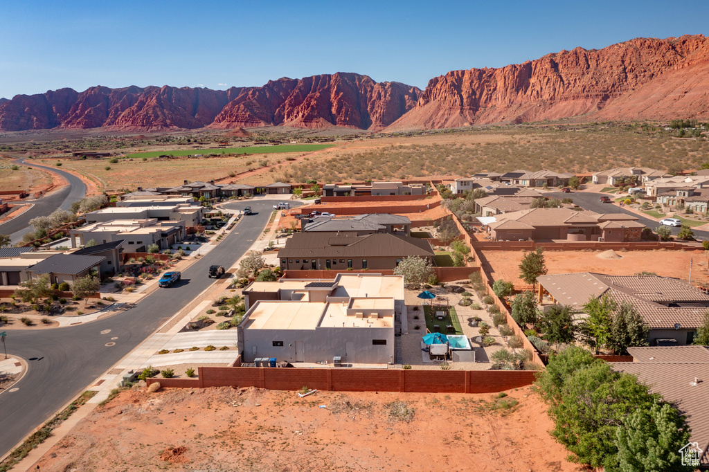 Aerial perspective of suburban area featuring mountains