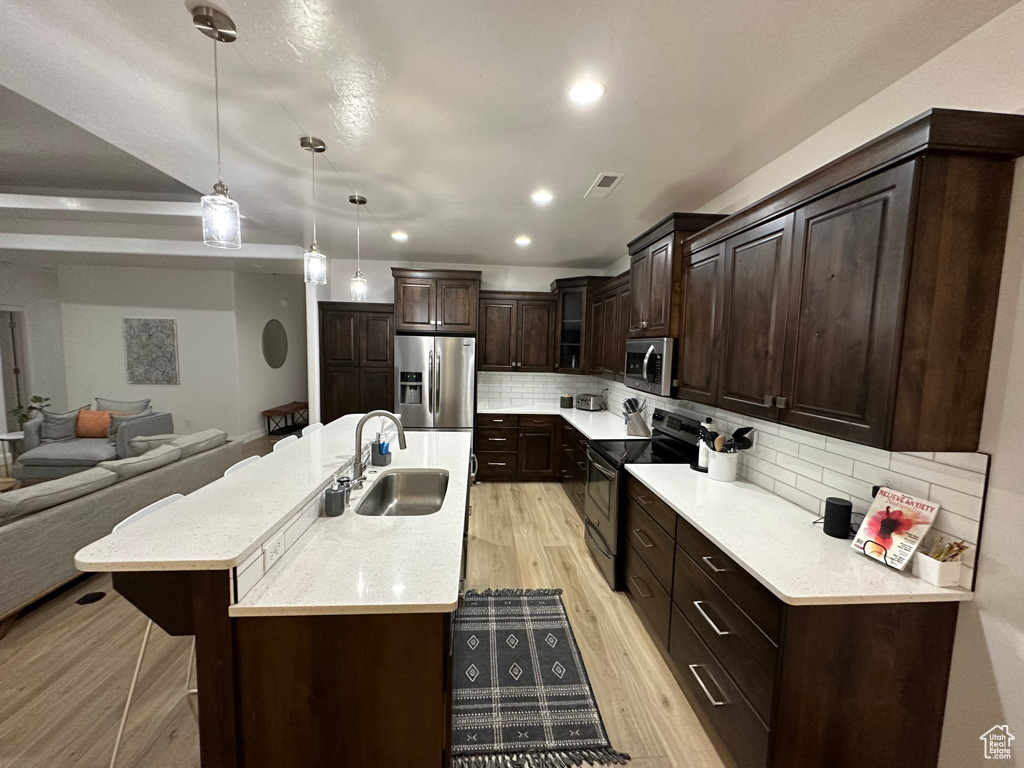 Kitchen with stainless steel appliances, a sink, light wood-style flooring, open floor plan, and backsplash