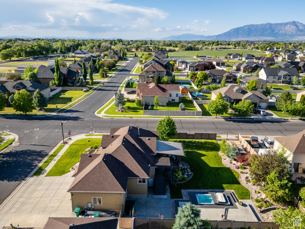 Aerial perspective of suburban area featuring mountains