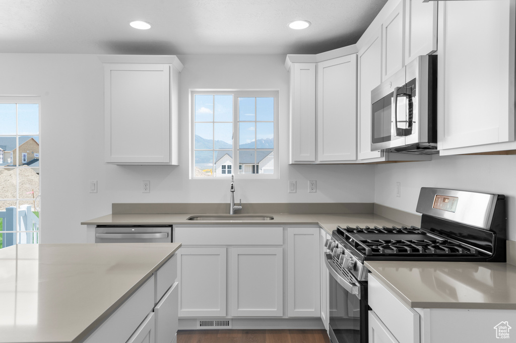 Kitchen featuring appliances with stainless steel finishes, a sink, white cabinets, plenty of natural light, and recessed lighting