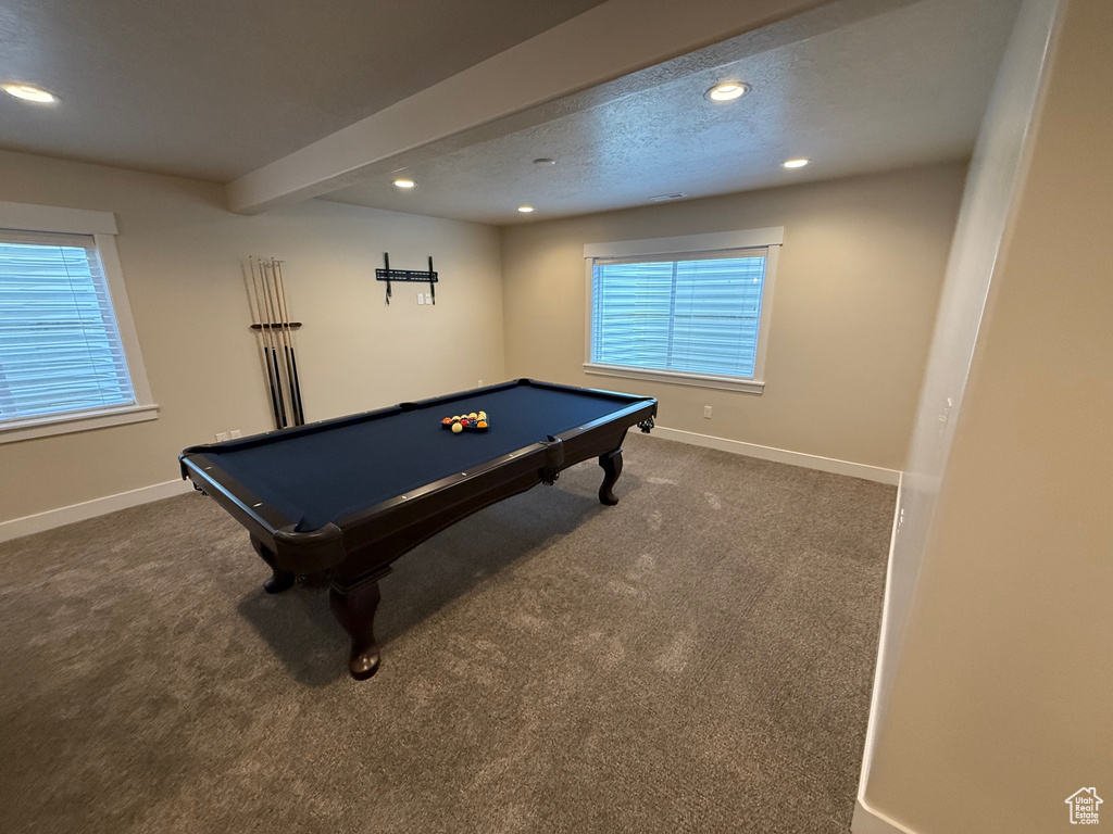 Recreation room featuring recessed lighting, billiards table, baseboards, and carpet floors